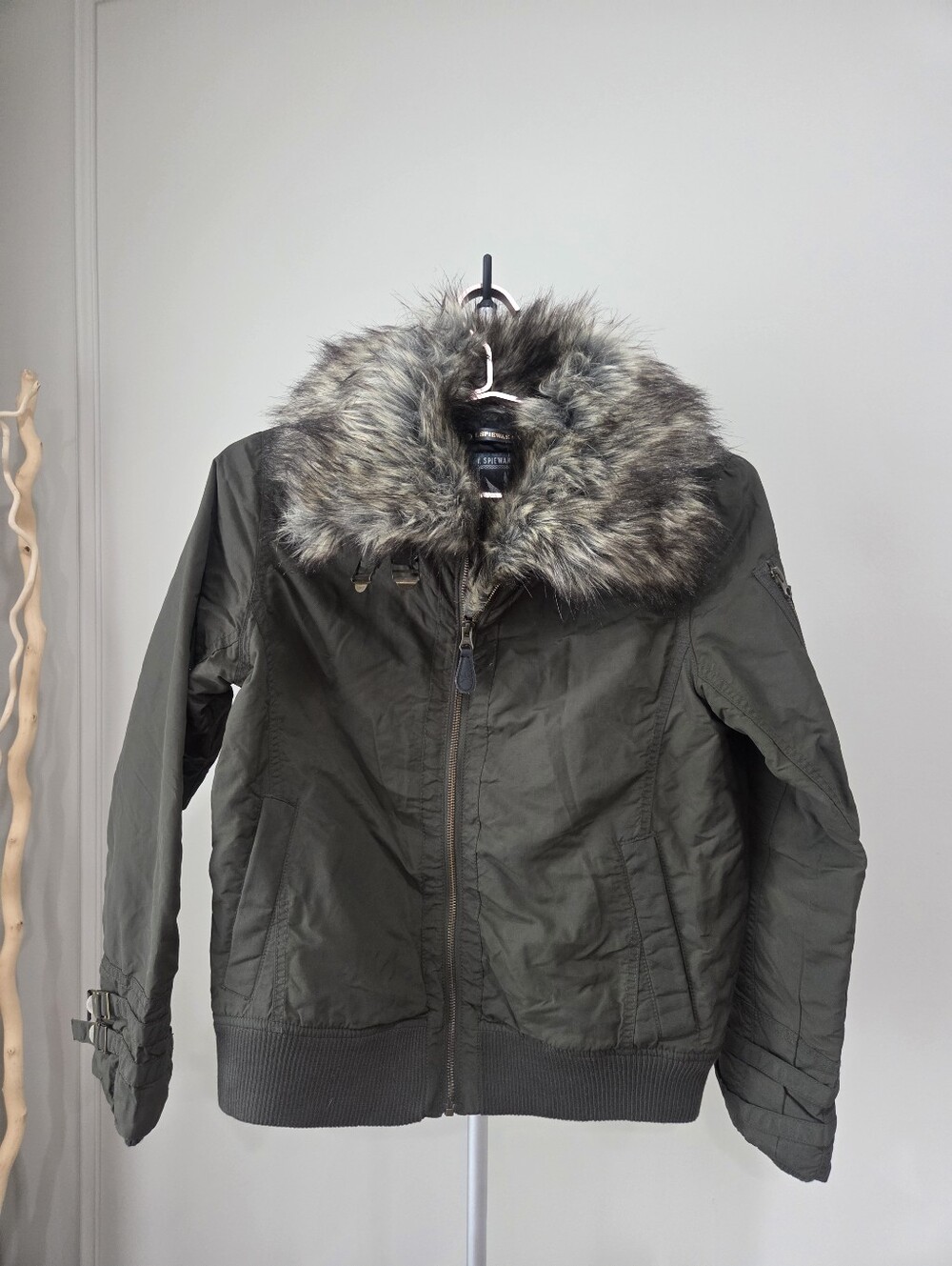 I.Spiewak & Sons  Dark Olive Bomber Jacket with Faux Fur Trim Sz.M